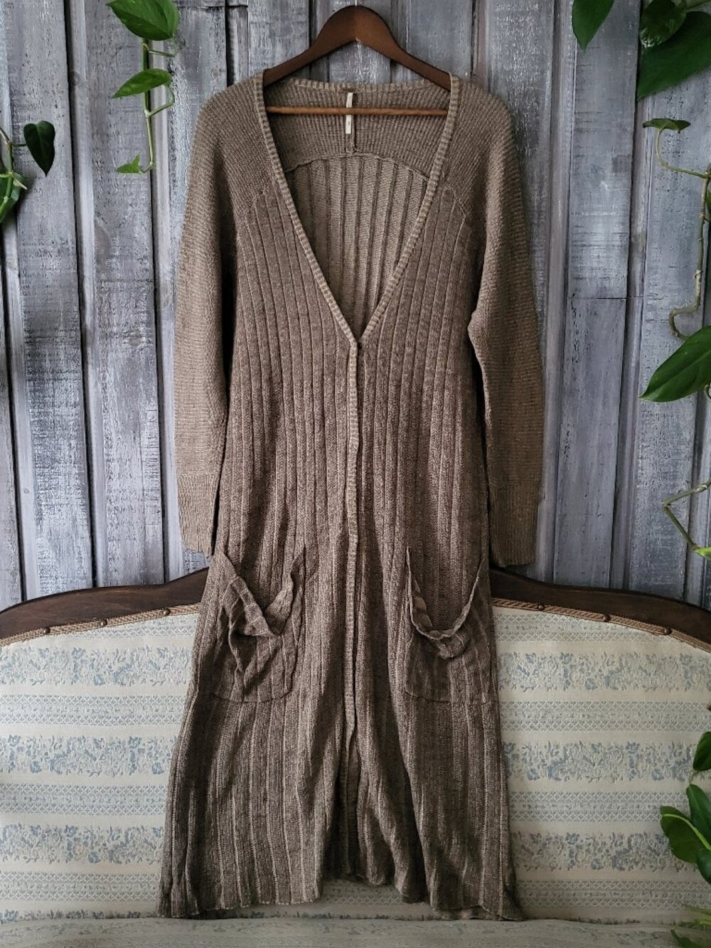 Free People Shadow Stripe Long Ribbed Maxi Duster Cardigan Sweater Olive Khaki M